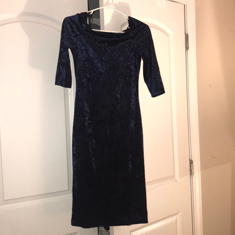 Velvet blue off the shoulder dress